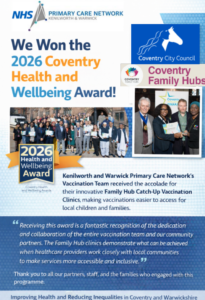 Kenilworth and Warwick PCN wins Coventry Health and Wellbeing Award 2026